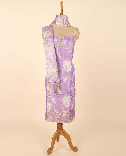 Lavender material chudidhar set, floral print & embroidered top, plain bottom & floral print dupatta