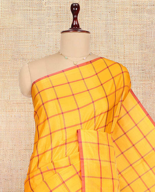 Borderless Orange Checked Banana Pith Saree, a Contrast Pallu of Buttas and Stripes, and a Contrast Blouse