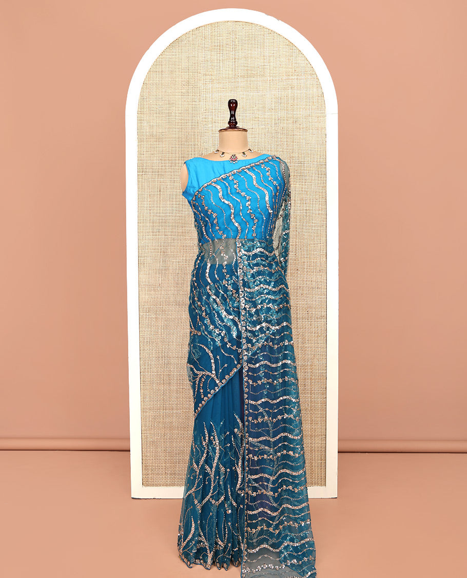 Peacock Green Zig-Zag Sequin Striped Net Designer Saree with Matching Blouse