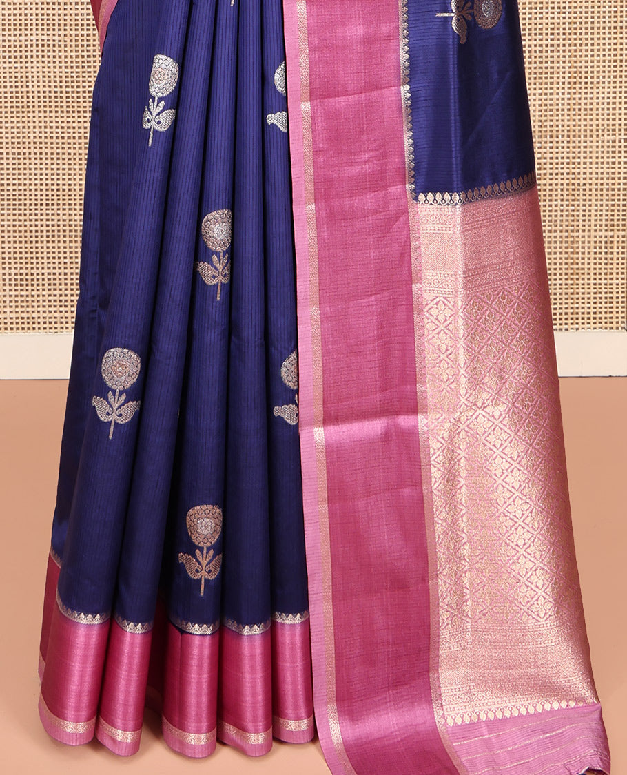 Blue Semi-Banaras Dupion Saree, Richly Detailed with Floral Buttas, Complemented by Contrast Temple Border, Grand Jaal Pallu, and a Contrast Blouse