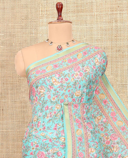 Turquoise Printed Silk Saree, Mesmerized with Floral Vine Print, a Traditional Zari Border, Floral Print Pallu, and a Matching Blouse