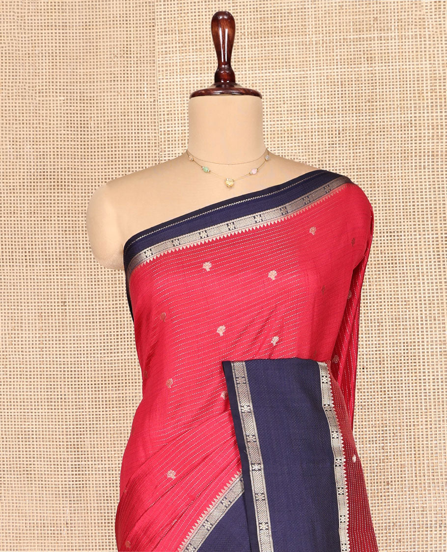 Red Dupion Silk Saree, Finely Crafted with Zari Stripes and Buttas, Complemented by a Contrast Traditional Zari Design Border, Striped Pallu, and a Contrast Blouse