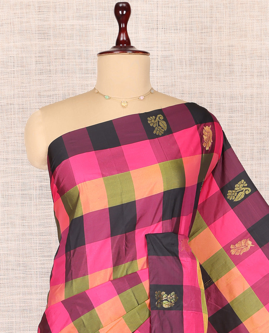 Borderless Multi-Color Checked Arani Saree, Adorned with Zari Buttas, a Pallu of Zari Stripes, and a Matching Blouse