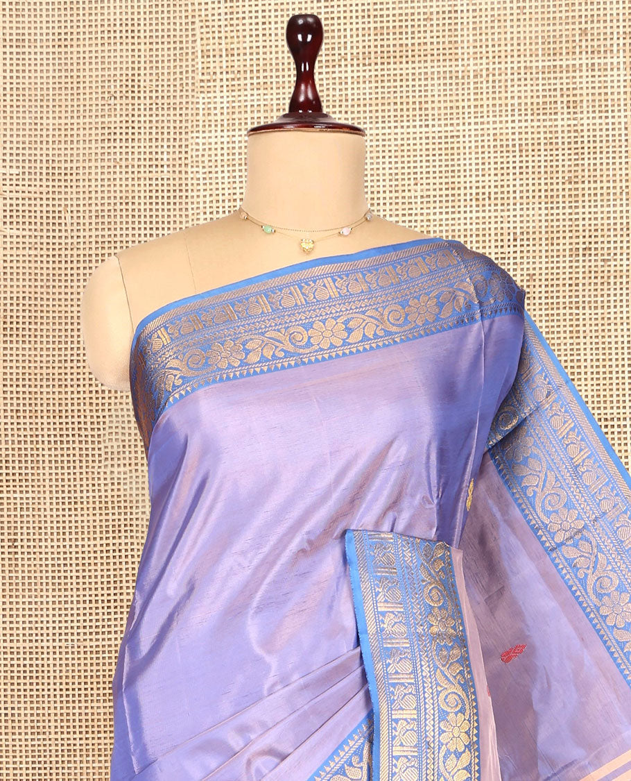 Violet Banana Pith Saree, Woven with Thread Buttas, a Contrast Traditional Zari Border, Pallu of Buttas, and a Contrast Blouse