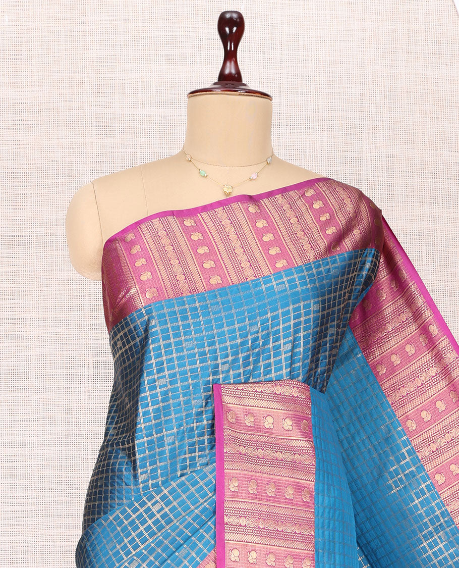 Blue Peacock Checks Budget Silk Saree