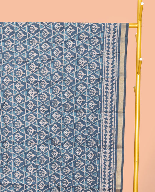 Blue Mul Mul Cotton Saree, Adorned with Floral-Geometric Batik Print, a Subtle Border, a Batik-Printed Pallu, and a Contrast Blouse
