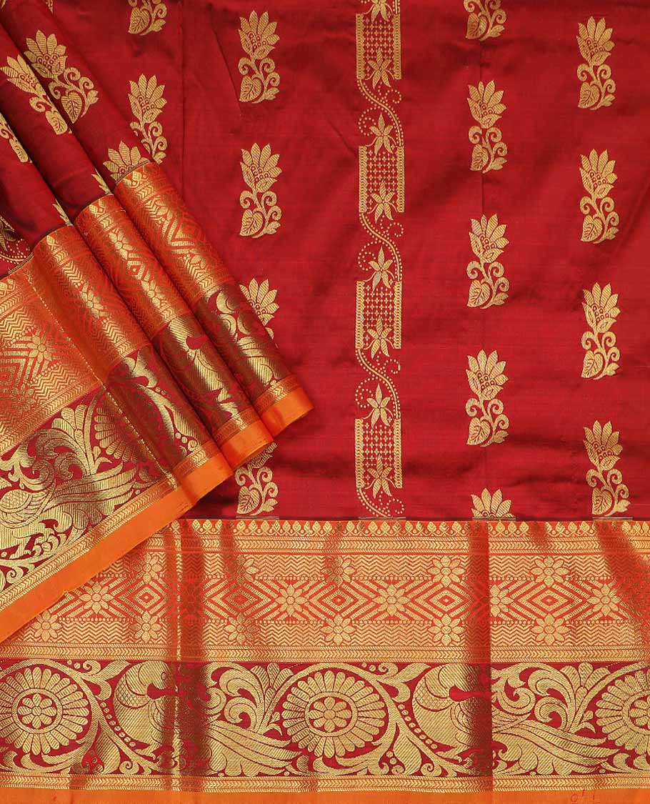 Maroon pure silk half saree, zari buttas skirt, contrast border and blouse of thilakam mokku, banaras, kathir, vanki, and mayil chakram design, and paiyaadi kattam dhavani