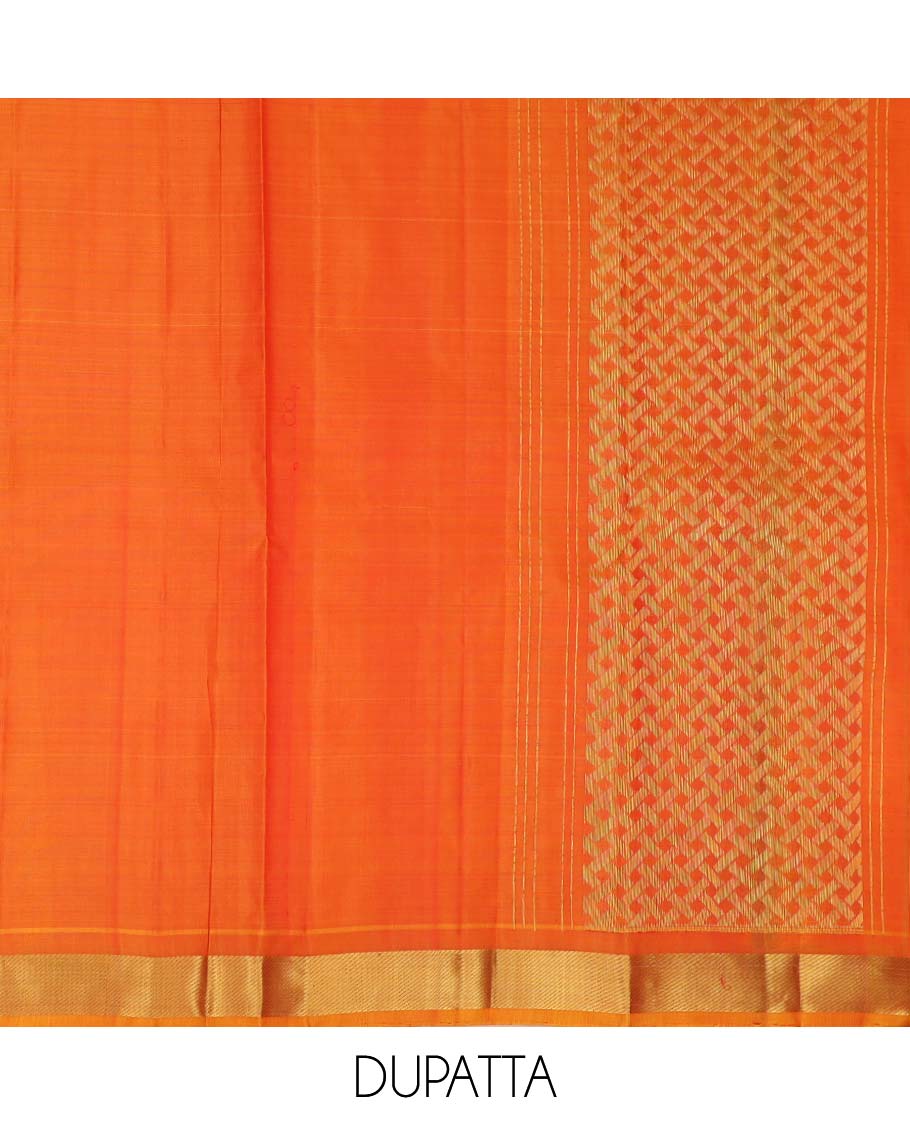 Maroon pure silk half saree, zari buttas skirt, contrast border and blouse of thilakam mokku, banaras, kathir, vanki, and mayil chakram design, and paiyaadi kattam dhavani