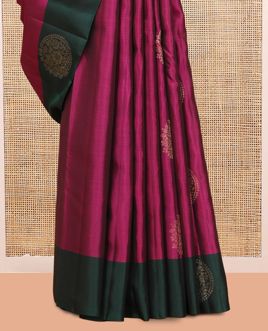 Wine Mayuri Lite Silk Mix Saree, Sparsely Woven with Buttas, Contrast Zari Motif Border, Grand Jaal Pallu, and a Contrast Blouse