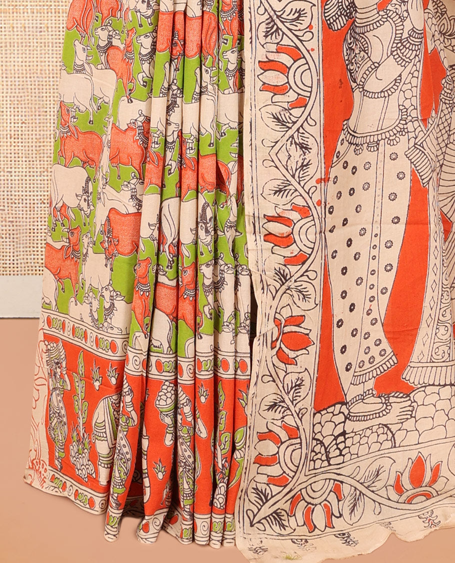 Multi-Color Kalamkari Cotton Saree, Elevated with Pichwai Cow Print, Contrast Printed Border, Kalamkari Human Motifs Pallu, and a Matching Blouse