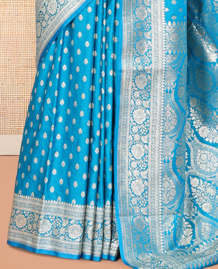 Blue Semi-Banaras Satin Silk Saree