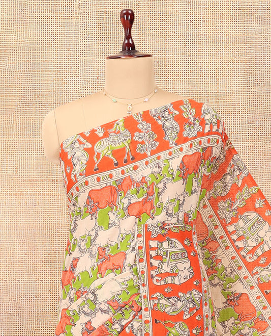 Multi-Color Kalamkari Cotton Saree, Elevated with Pichwai Cow Print, Contrast Printed Border, Kalamkari Human Motifs Pallu, and a Matching Blouse