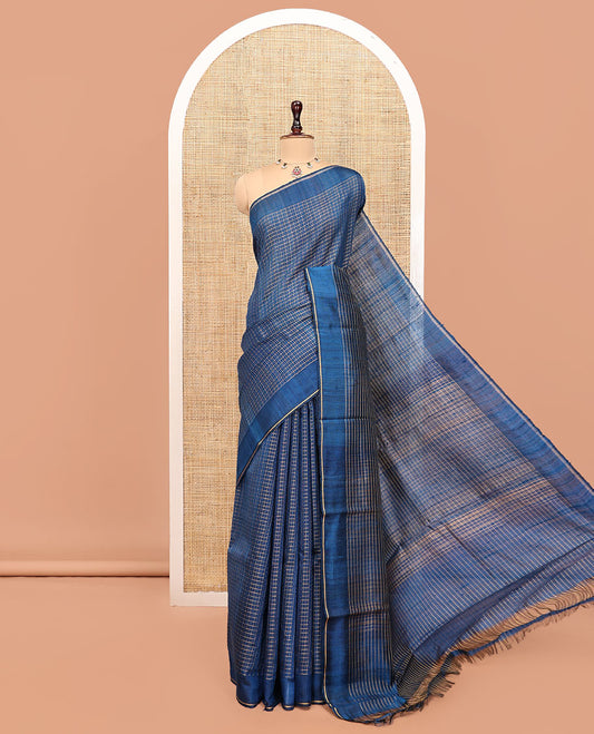 Blue Tussar Silk Saree, Adorned with Butta Enclosed Checks, a Subtle Border, a Self-Pallu, and a Matching Blouse