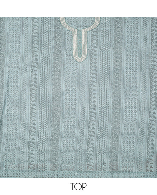 Blue Material Chudidar Set, Embellished with Chikankari-Style Embroidery and Neck Work on Georgette Top, a Plain Santoon Bottom, and Paired with a Floral Vine Embroidery Georgette Dupatta