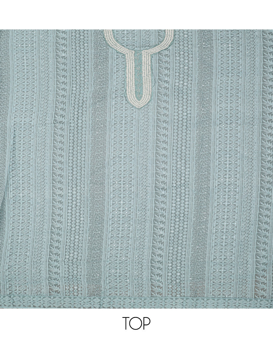 Blue Material Chudidar Set, Embellished with Chikankari-Style Embroidery and Neck Work on Georgette Top, a Plain Santoon Bottom, and Paired with a Floral Vine Embroidery Georgette Dupatta