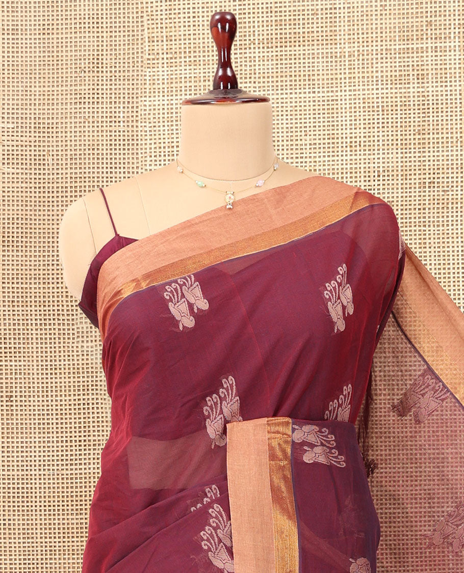 Maroon Kanchi Cotton Saree, Subtly Woven with Buttas, a Contrast Zari Border, Intricate Pallu, and a Matching Blouse