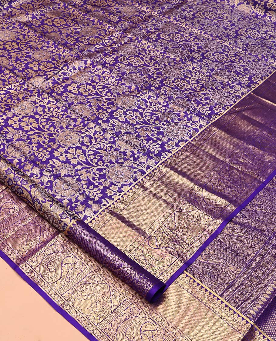 Violet Kanchipuram Tissue Silk Saree, Gracefully Embellished with Floral Jacquard, a Zari Border of Thilakam Mokku, Jaal, and Manga Designs, Diagonal Striped Pallu, and Matching Blouse