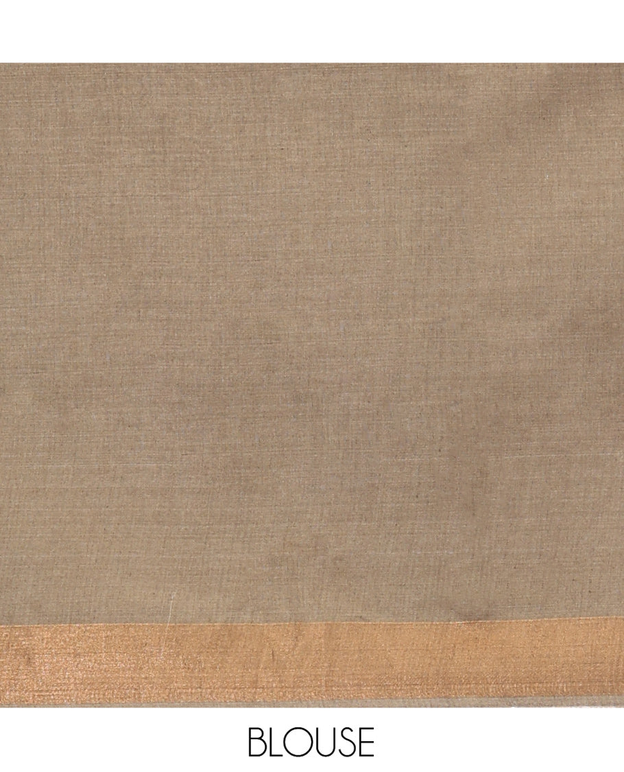 Brown Tussar Silk Saree, Artfully Detailed with Ajrakh-Style Motifs Block Print, a Subtle Border, a Heathered Pallu, and a Matching Blouse