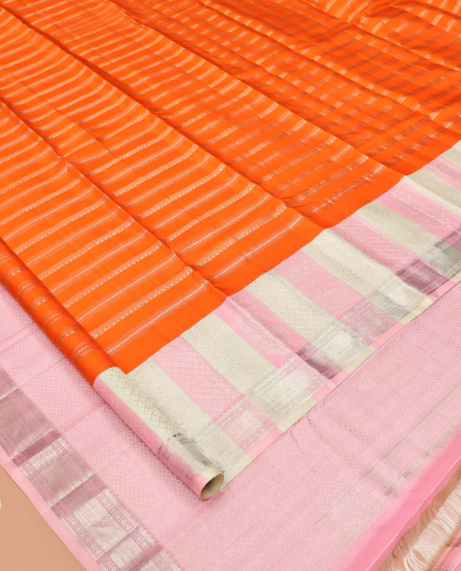 Orange Kanchipuram Designer Silk Saree, Charmingly Accented with Geometric Designs, Complemented by Contrast Jacquard Border, Jaal Pallu, and a Contrast Blouse