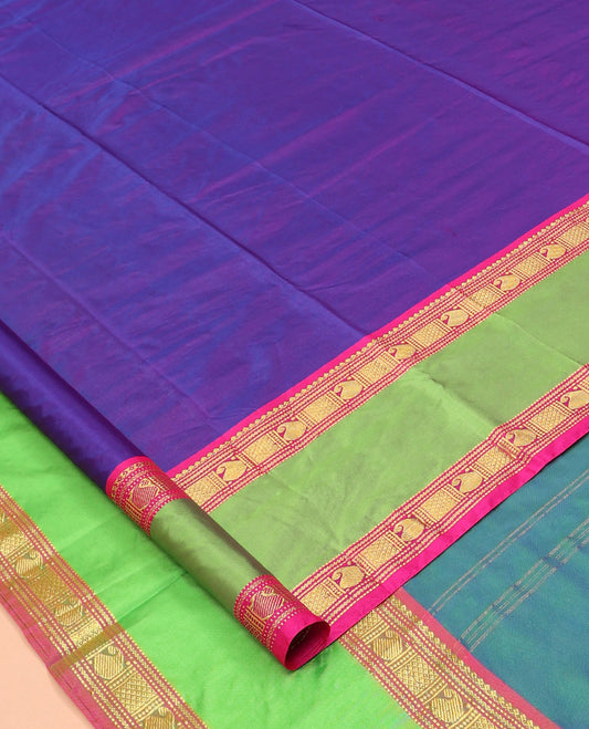 Violet Plain Nine-Yard Saree,  Complemented by a Contrast Rettai Pettu Traditional Border, Striped Pallu, and No Blouse