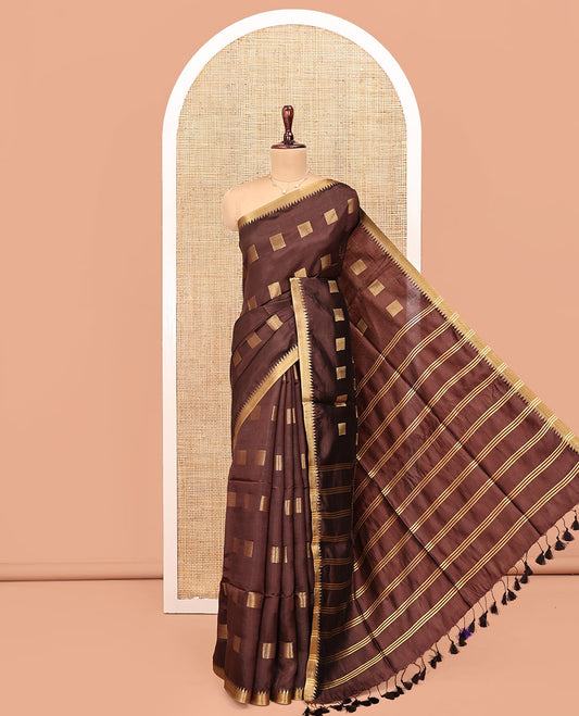 Brown Banana Pith Saree, Detailed with Square Buttas on Its Body, Subtly Temple Border, Pallu Steeped with Stripes, and Paired with a Matching Blouse