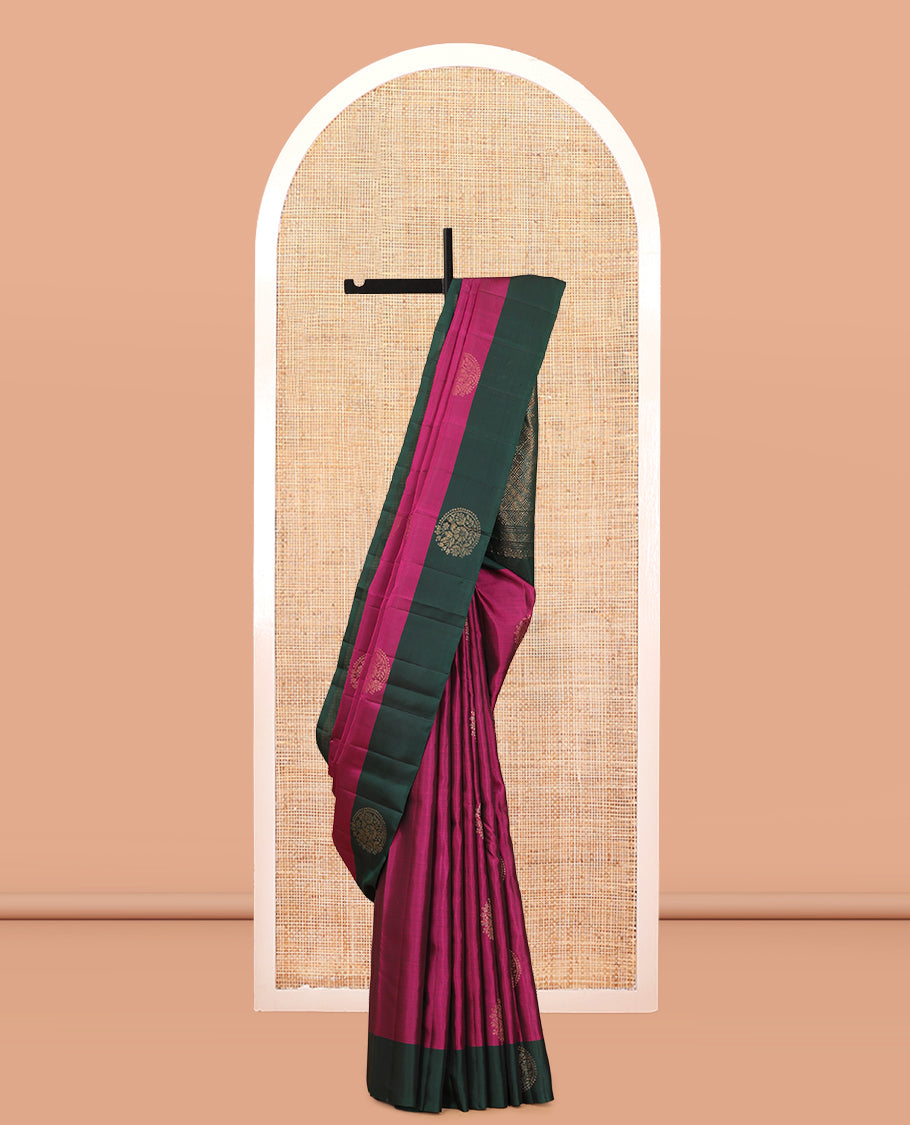 Wine Mayuri Lite Silk Mix Saree, Sparsely Woven with Buttas, Contrast Zari Motif Border, Grand Jaal Pallu, and a Contrast Blouse