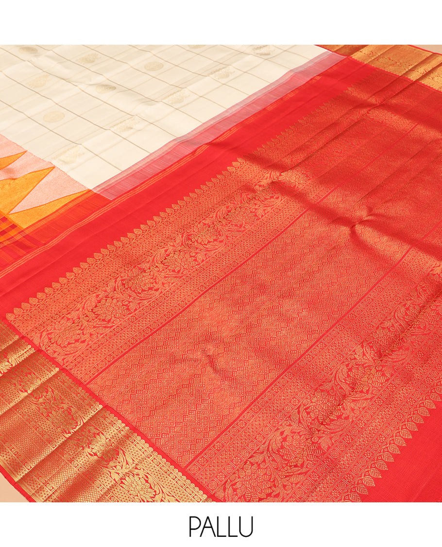 Cream Samudrika Silk Saree, Meticulously Crafted with Zari Butta Enclosed Checks, Contrast Checked Thazampoo Rekku Border of Kodi Visiry Designs, Grand Pallu, and a Contrast Blouse