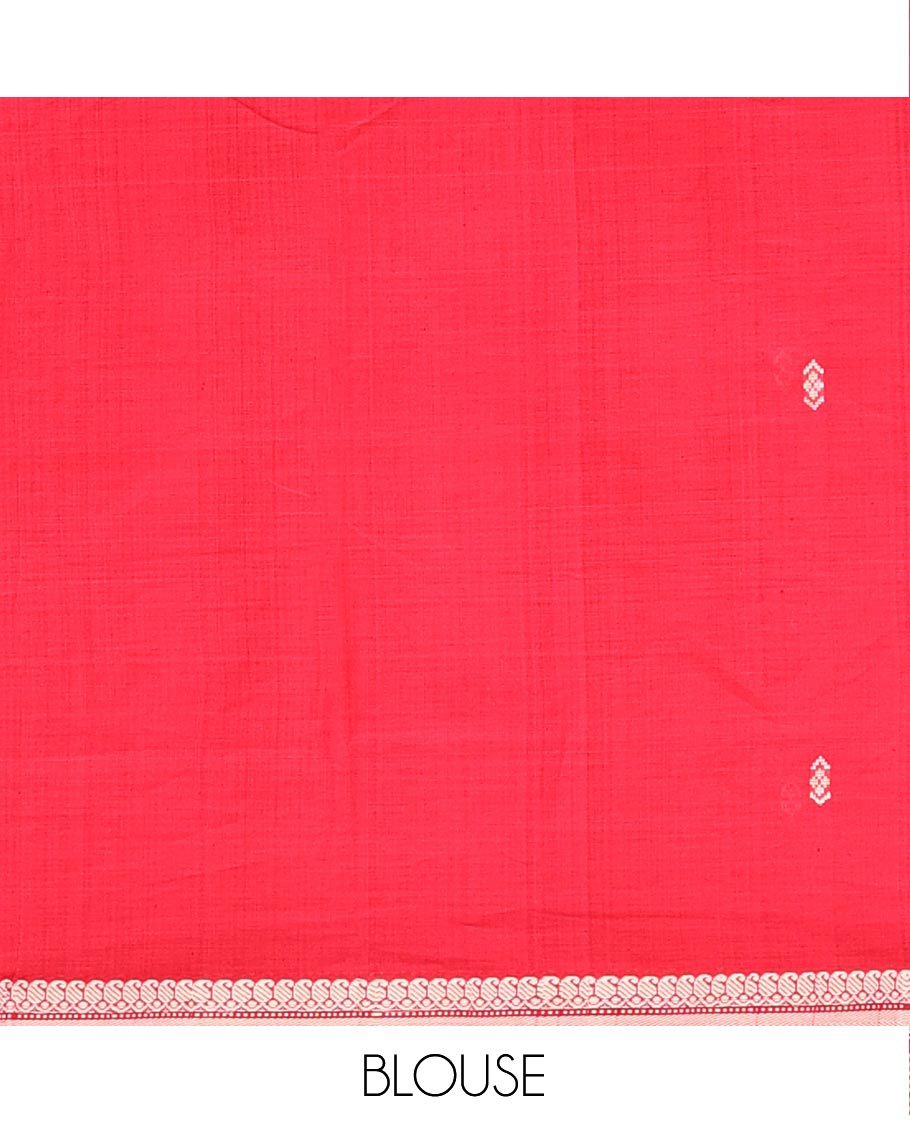 Red Andhra Cotton Saree, Adorned with Thread Buttas All Over Its Body, Subtly Sparked with Traditional Thread Border, Pallu Steeped with Stripes, and Paired with a Matching Blouse