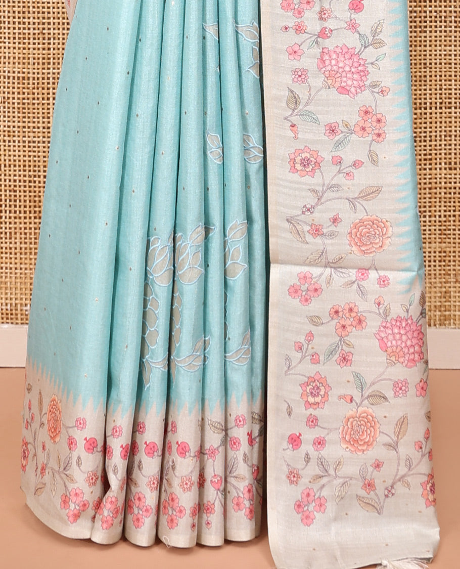 Sky Blue Fancy Tussar Silk Saree, Gleamed Up with Small Gold Buttas, and Applique Embroidery on Its Body, Complemented by a Contrast Temple Floral Creeper Printed Border, Pallu of Floral Creeper Print, and Paired with a Contrast Blouse