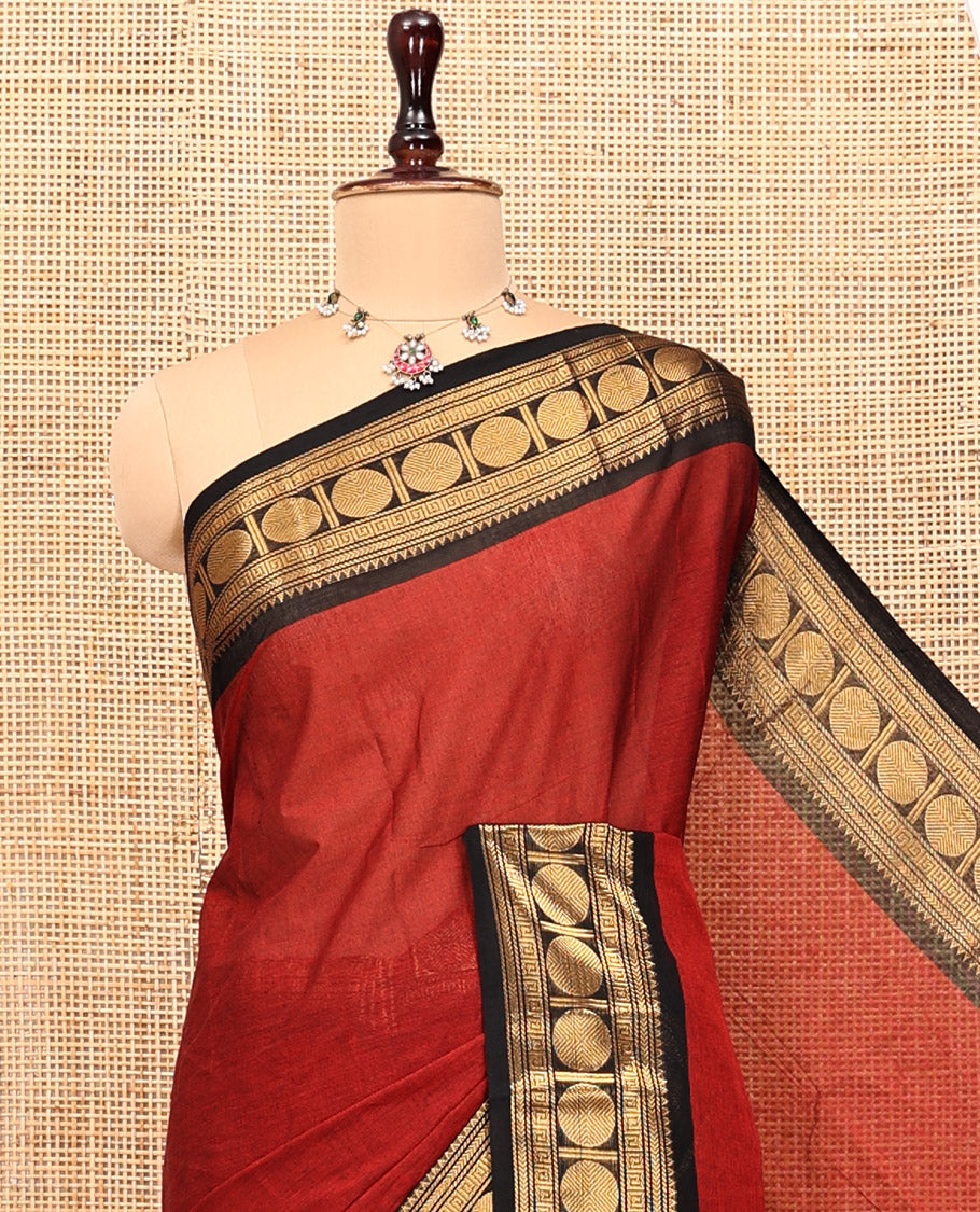 Maroon Plain Chettinad Cotton Saree, Complemented by a Contrast Rudraksham Design Traditional Zari  Border, Subtly Striped Pallu, and Paired with a Matching Blouse