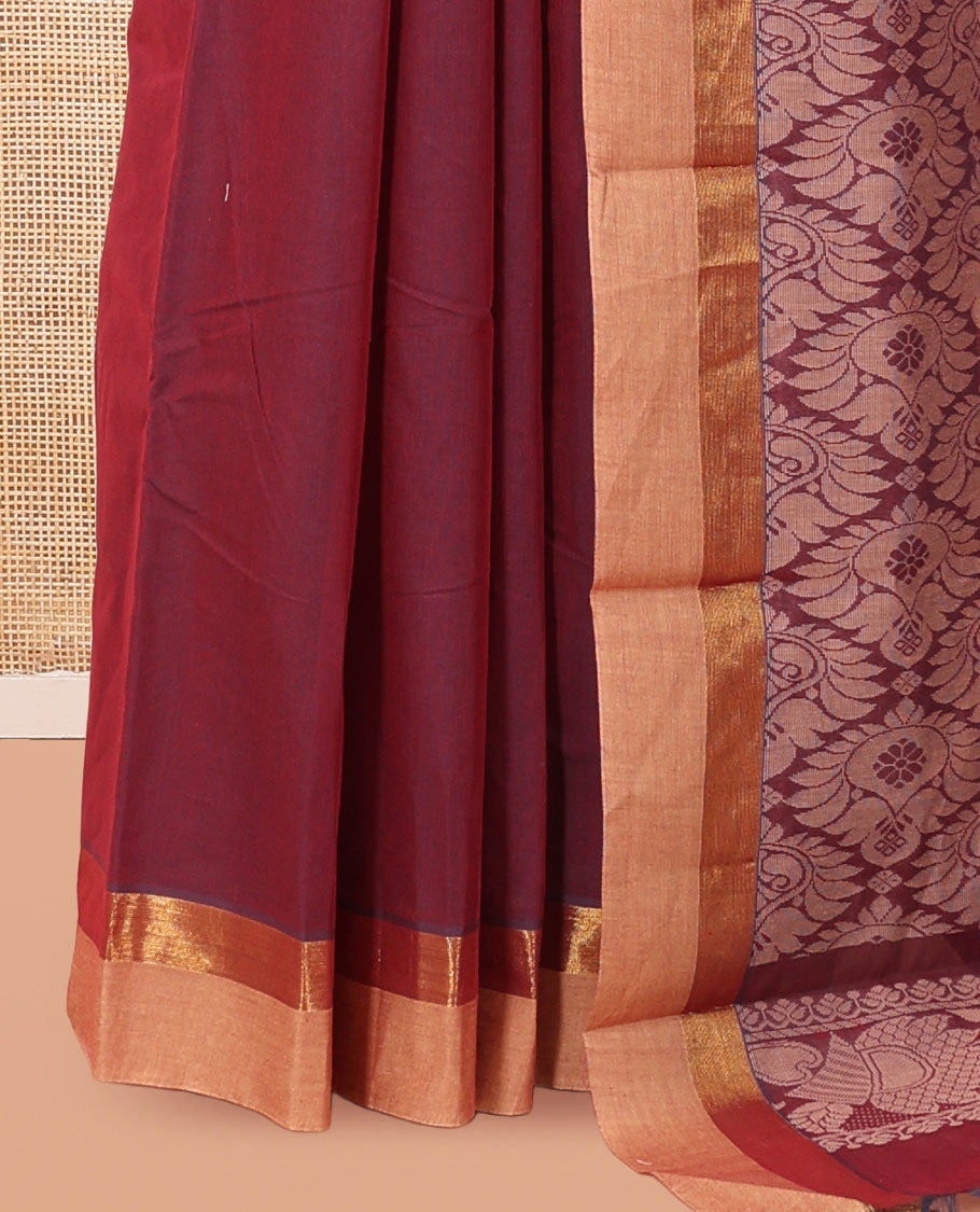 Maroon Kanchi Cotton Saree, Subtly Woven with Buttas, a Contrast Zari Border, Intricate Pallu, and a Matching Blouse