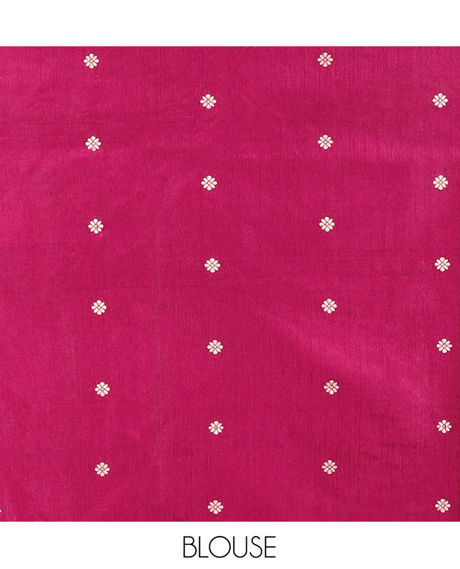 Pink Matka Silk Saree, Adorned with Buttas All Over Its Body, Highlighted by a Self-Border of Traditional Designs, Intricately Designed Pallu, and Paired with Contrast Blouse