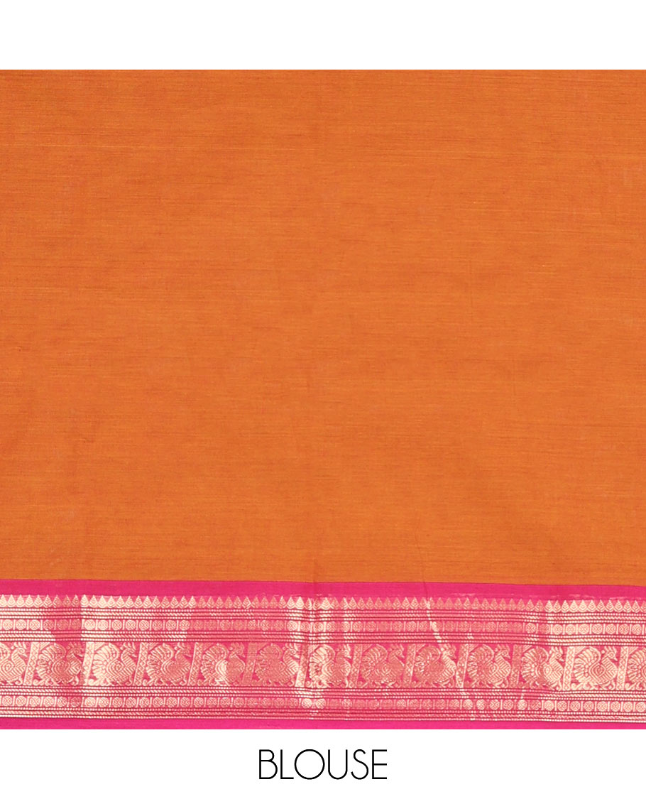 Orange Plain Chettinad Cotton Saree, Complemented by a Contrast Traditional Zari Border, Striped Pallu, and a Matching Blouse