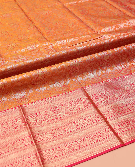 Orange Art Silk Half-Saree, Adorned with Floral Jacquard Design, Contrast Traditional Zari Border, and Paired with a Matching Blouse