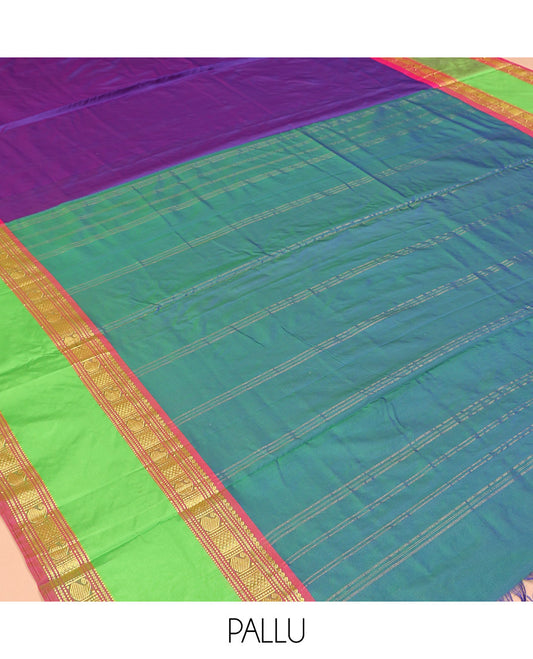 Violet Plain Nine-Yard Saree,  Complemented by a Contrast Rettai Pettu Traditional Border, Striped Pallu, and No Blouse