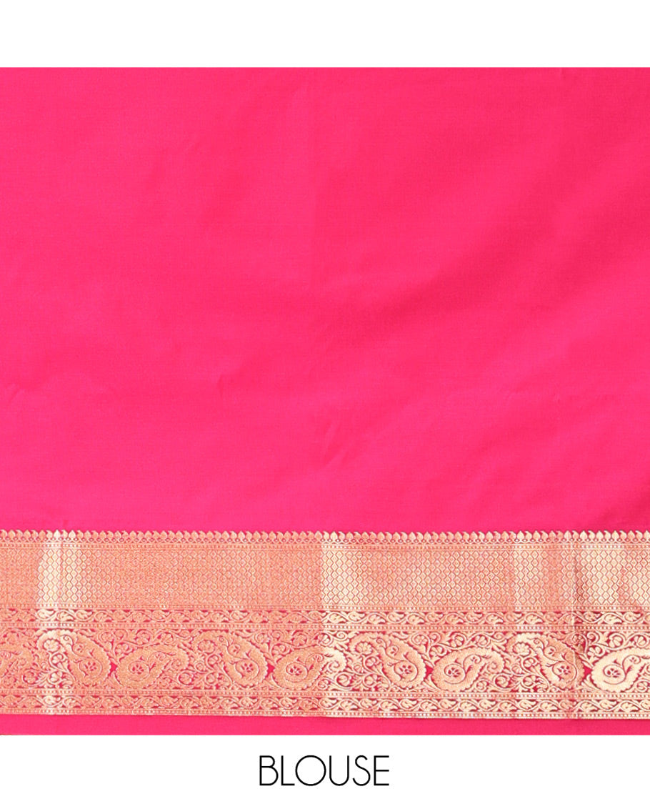 Peacock Green and Rani Pink Budget Silk Saree, Embellished with Vaira Oosi Stripes and Zari Buttas All Over Its Body, Complemented by Contrast Traditional Zari Designs Woven Border of Paisleys, Grand Pallu and Paired with a Contrast Blouse
