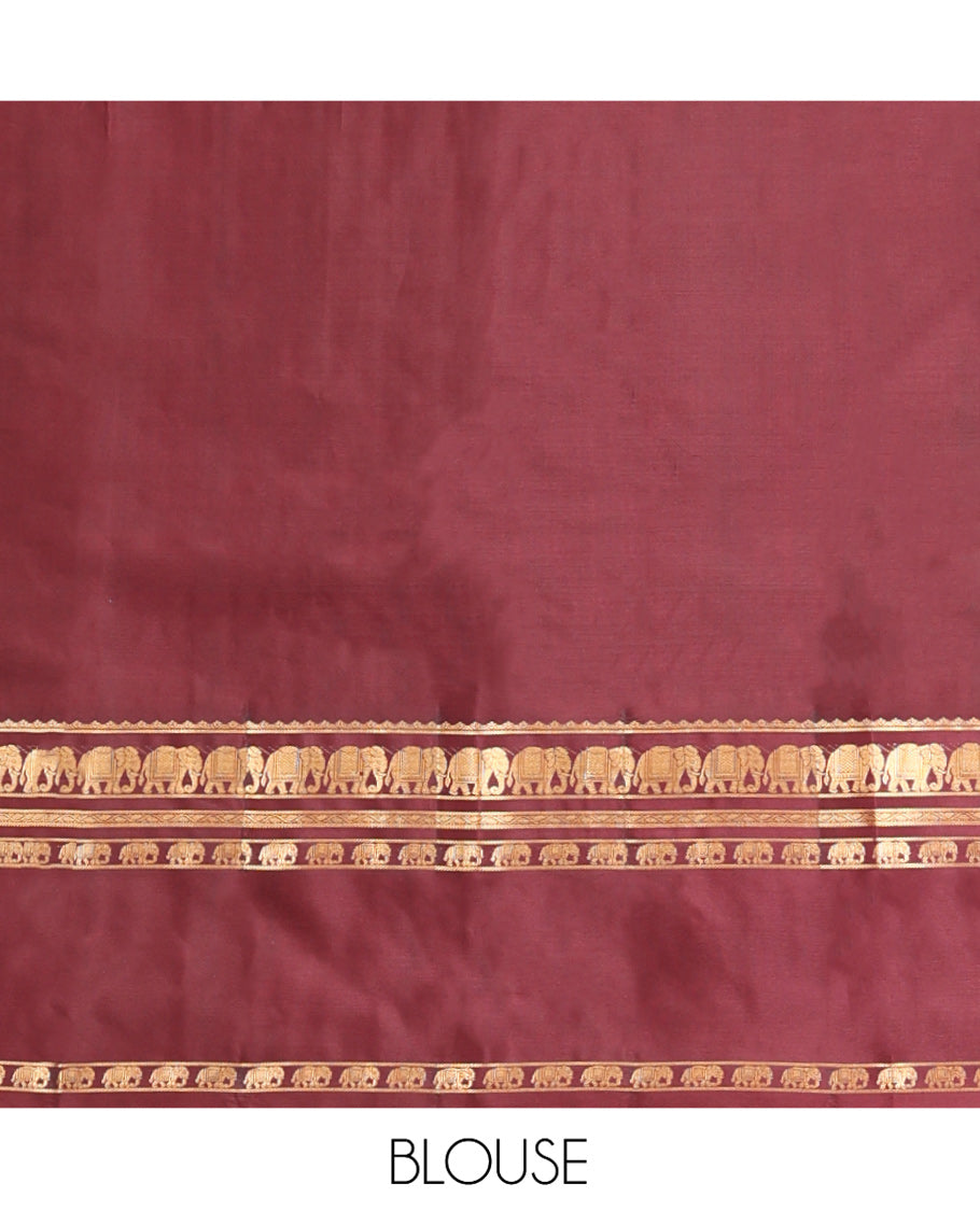 Grey Vasundhara Silk Saree, Adorned with Zari Buttas All Over Its Body, Complemented by a Contrast Rettai Pettu Border of Yaanai Designs, Grand Jaal Pallu, and Paired with a Contrast Blouse
