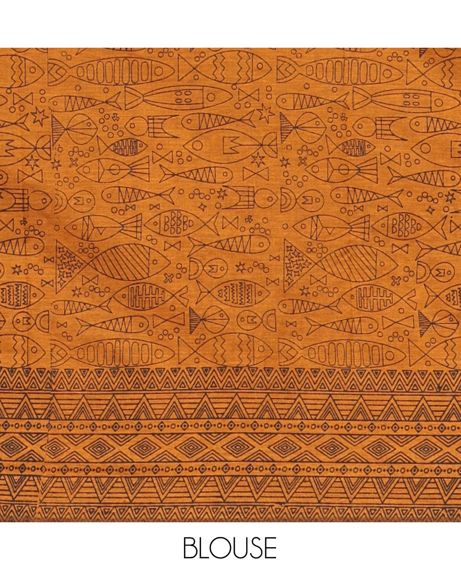 Orange Poly Cotton Saree, Steeped with Fishes, Temple-Printed Border, Printed Pallu, and a Matching Blouse