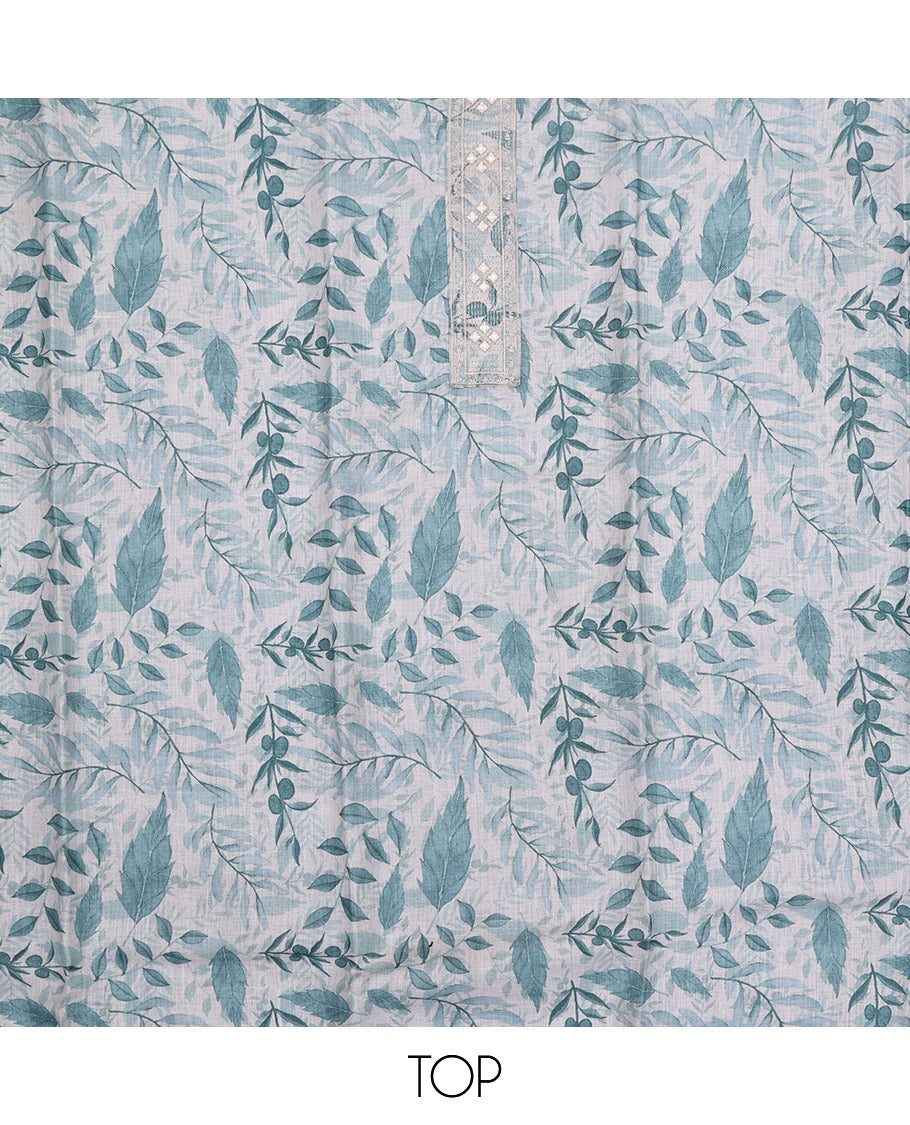 Blue Material Chudidar Set, Adorned with Abstract-Style Leaf Printed and Embroidery on Top, a Contrast Plain Bottom, and Paired with Sequins Striped Dupatta
