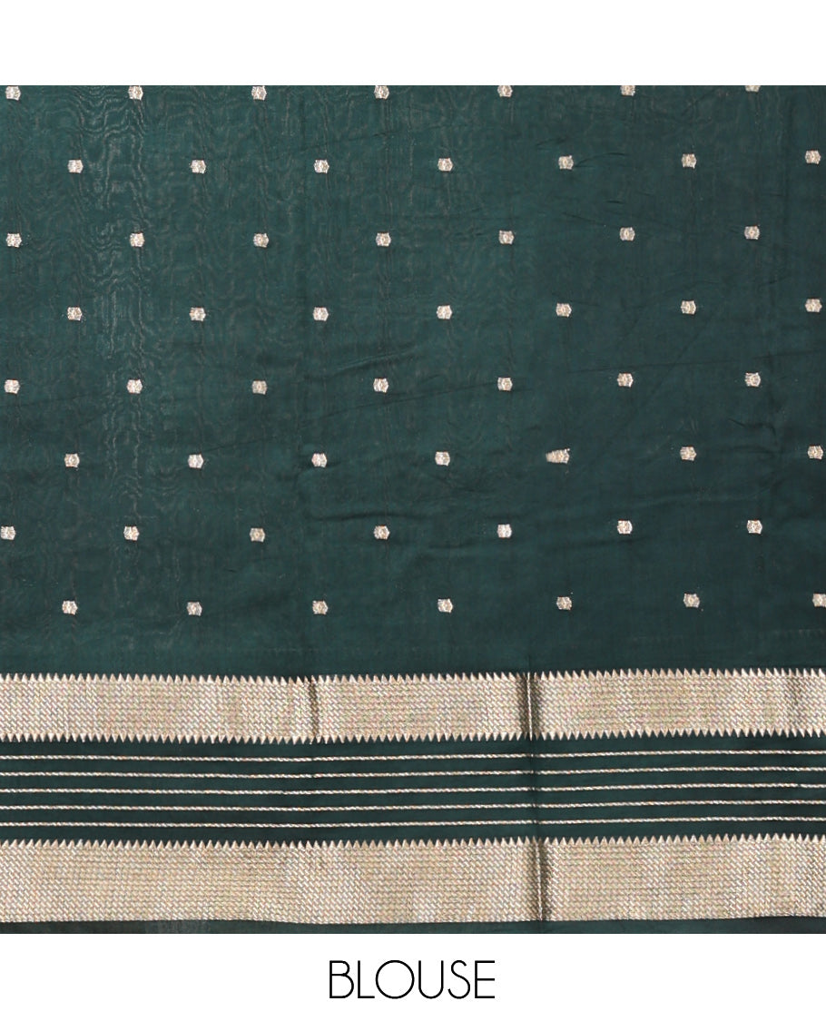 Light Green Assam Silk Saree, Sparsely Sparkled with Zari Buttas, Complemented by a Contrast Traditional Zari Border, Zari Design Pallu, and a Contrast Blouse