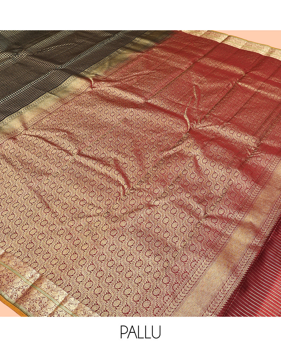 Black Kanchipuram Silk Saree, Detailed with Checks, Contrast Border of Mayil and Yaali Designs, Pallu of Intricate Designs, and a Contrast Blouse