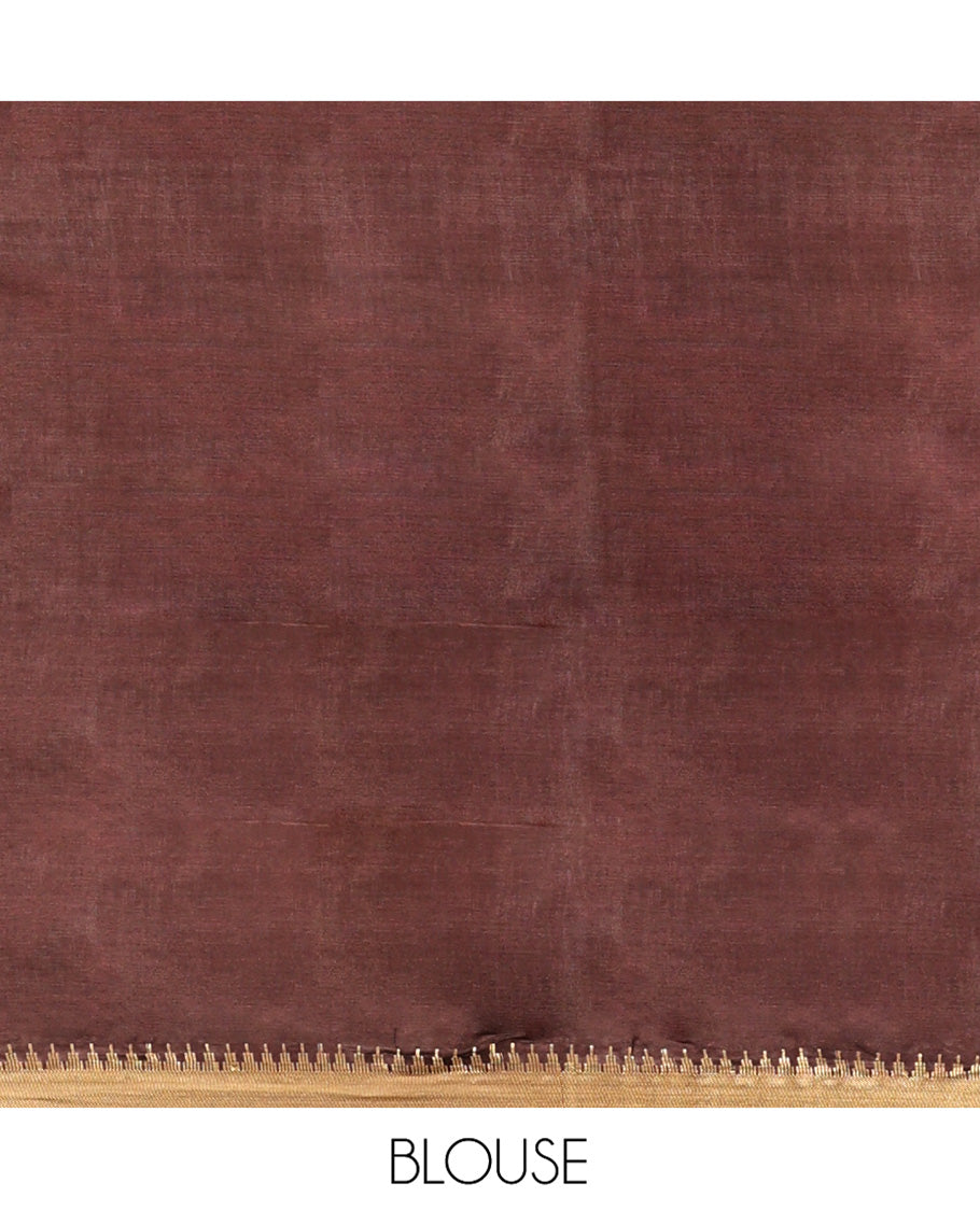 Brown Banana Pith Saree, Detailed with Square Buttas on Its Body, Subtly Temple Border, Pallu Steeped with Stripes, and Paired with a Matching Blouse