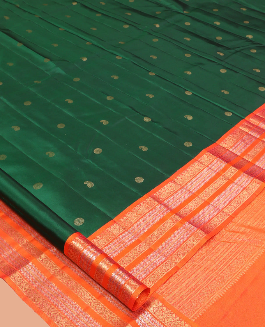 Green Manga-Chakra Buttas Vasundhara Silk Saree, Contrast Traditional Border, and Contrast Blouse
