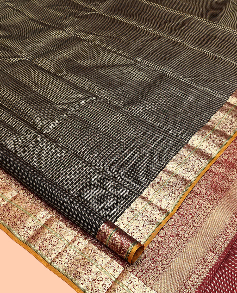 Black Kanchipuram Silk Saree, Detailed with Checks, Contrast Border of Mayil and Yaali Designs, Pallu of Intricate Designs, and a Contrast Blouse
