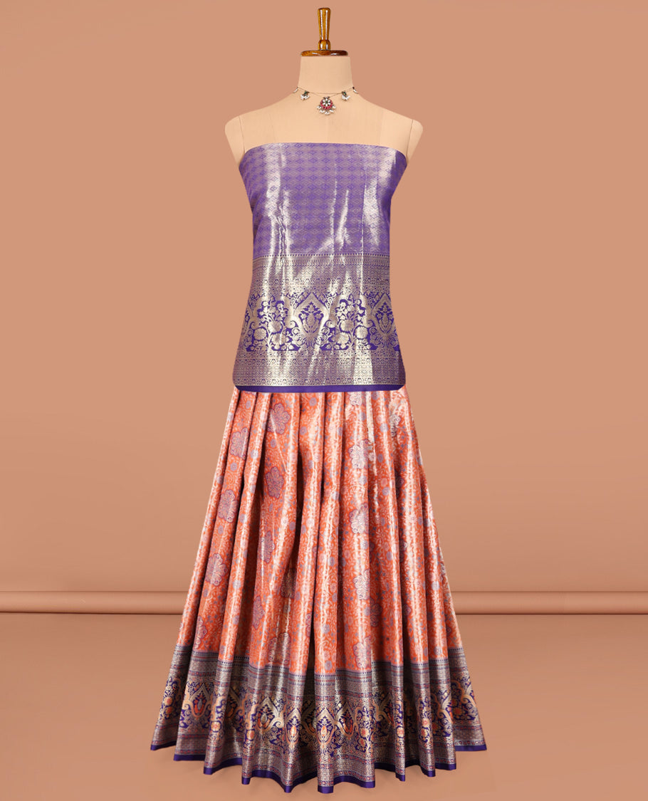 Orange Art Silk Material Half Saree Set, Adorned with Jacquard Design Skirt, a Contrast Meenakari Border, Contrast Blouse, and an Intricately Designed Dhavani