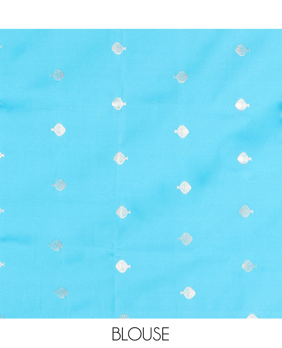 Mehendi Green Elite Soft Silk Saree, Bedecked with Zari Buttas All Over Its Body, Complemented by Contrast Temple Traditional Zari Border of Peacock-Rudraksham Motifs, Intricately Zari Woven Pallu and Paired with a Contrast Blouse