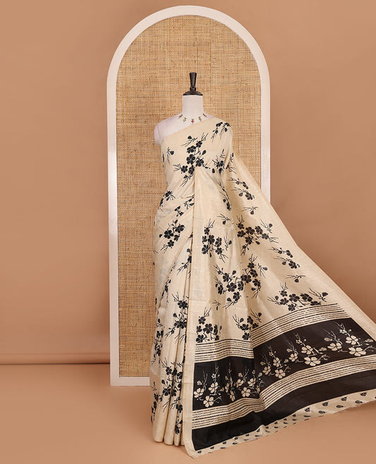 Borderless sandal  five petal floral motifs printed semi tussar saree, self-pallu of  floral print, and printed blouse