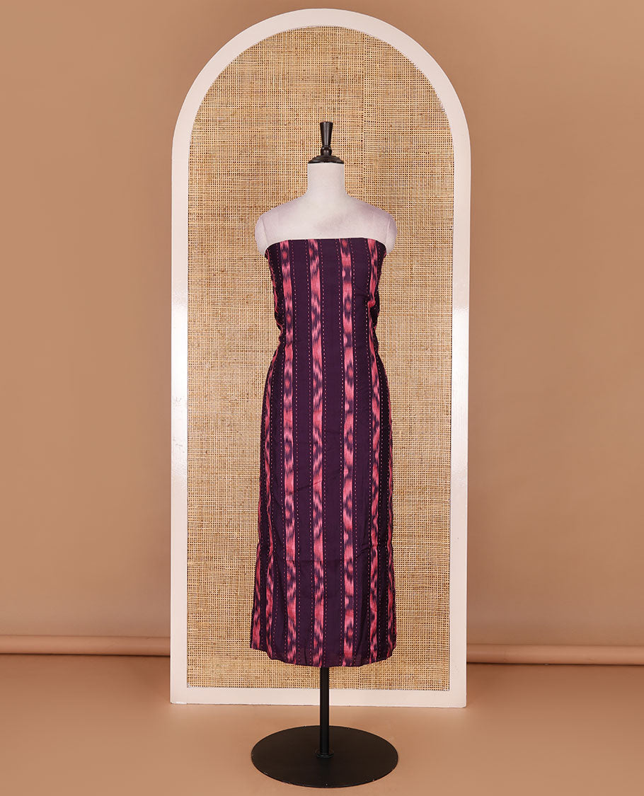 Wine Vertican silk material chudidar set, vertical ikkat stripes, and kantha work top, contrast plain slub cotton bottom, and linen contrast ikkat printed zari border dupatta