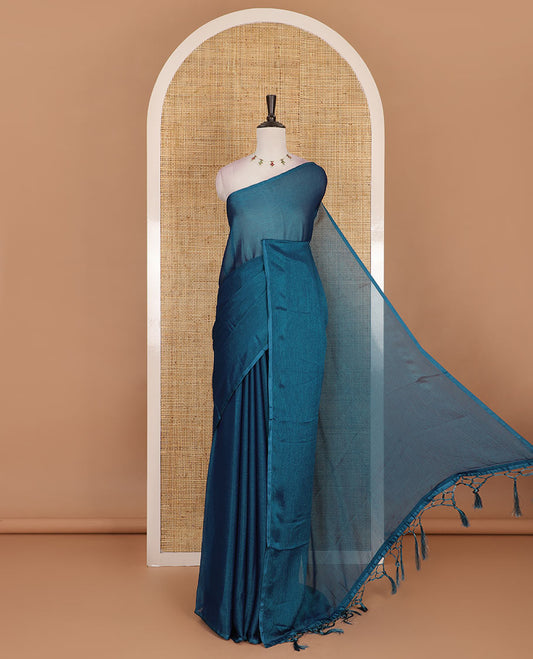Borderless blue plain design viscose saree, flower motifs printed matching blouse