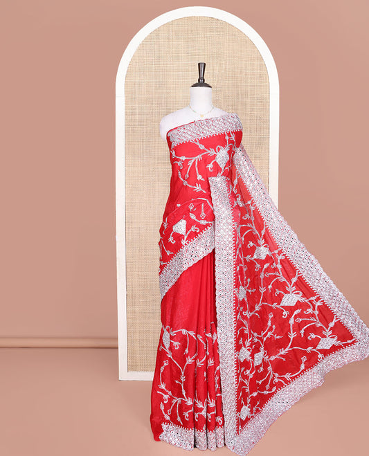 Dazzling Red Designer Saree, Richly Detailed with Floral-Jaal Style Mixed Embroidery on Its Body, Highlighted by Jaal-Patterned Scallop Embroidered Border, Self-Design Pallu, and Paired with a Heavy Embroidered Matching Blouse